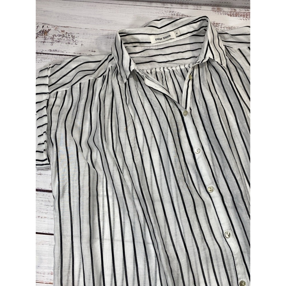 Color Block Top Women Medium White Black Striped Button Down Short Sleeve Casual